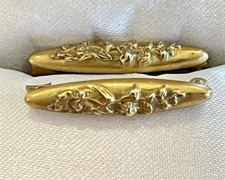 (2) 10K Gold Art Nouveau Repousse Floral Lingerie Pins 