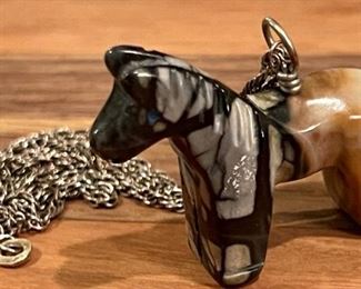 Vintage Carved Stone Horse Fetish W Sterling Silver Chain