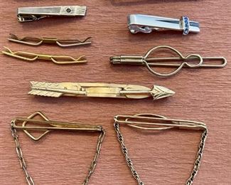 Vintage Tie Bars 12K GF, Anson,  Manleigh, Swank (1) Sterling Silver, Blue Stones, Gold Arrow Flip Design
