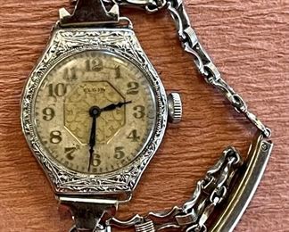 Elgin Art Deco Wrist Watch 14K GF White Gold Etched Keystone Watch Case J Boss Silver Tone Band 27986076