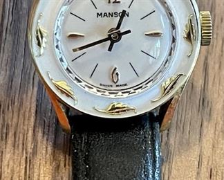 Vintage Manson Swiss Gold Leaf Design Women's Watch With Brown Leather Band Works 
