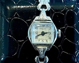 Vintage Women's 14K White Gold Baylor Watch With Diamonds & Speidel Band 