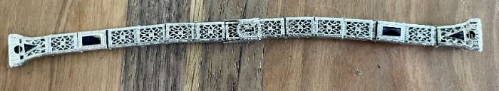 Vintage 1920s Art Deco Anne Louise Clip On Watch Band White Gold Filled 1/20 12K GF Black Faceted Stones 