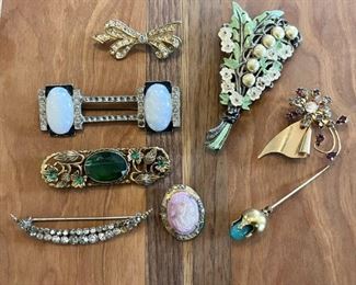 Antique Victorian Rhinestone, Cameo & Enamel Pin Lot Including Hat Pins And Brooches Art Deco 