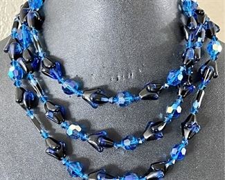 Vintage Black And Blue Murano Art Glass Bead & Crystal Three Strand Necklace 
