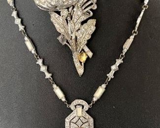 Antique Art Nouveau Rhinestone Flower Pin And Necklace 