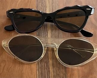 (2) Pairs Of Mid 1950'S Cat Eye Glasses One Clear Lucite And One Ruffled Red & Brown Frames Made In The USA
