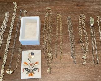 Vintage Stone Inlay Intarsia Box With (10) Gold Tone Necklaces & Glasses Chains 