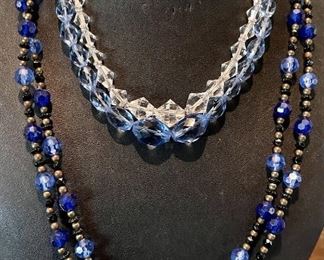 (3) Vintage Clear, Blue & Black Crystal Faceted Bead Necklaces 