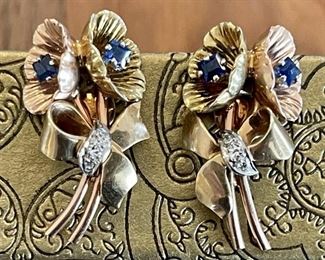 Antique 14K Gold, Sapphire & Diamond Earrings, The C.B. Brown Co. Jewelers Omaha NE 10.1 Grams Screw Back