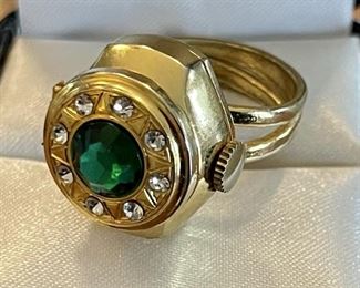 Kander Swiss Made 27 Jewel Watch Adjustable Gold Tone Ring With Green Glass Top And Rhinestones 