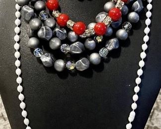 Assorted Vintage Japan Necklaces With Plastic And Glass Beads  Grey Multi Strand, Red Glass Bead & Faux Pearl
