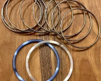 (8) Assorted Silver Tone And Silk Ribbon Glass Bangle Bracelets 
