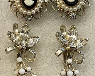 (2) Pairs Vintage Coro Earrings (1) Screw Back Cameo W Rhinestones (1) Clip On Flowers W White Bead Clusters