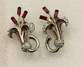 Gorgeous Vintage Marcel Boucher Red & White Rhinestone Clip On Earrings 12K Gold Filled 