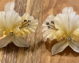 Large Vintage Celluloid & Rhinestone Flower Clip On Earrings 