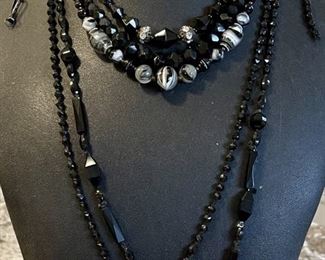 Jet Black Mourning Faceted Hand Knotted Bead Necklace (1) Art Glass Bead (2) Choker Jet Black West Germany