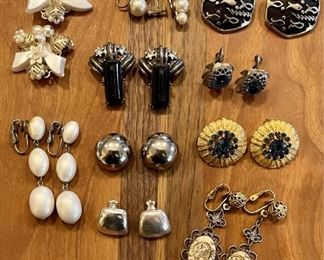 10 Pairs Of  Vintage Earrings Including Jet Black Stones, Scorpions, Faux Pearls, Clips On & Screw Back