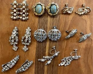 (8) Pairs Vintage Screw Back And Clip On Rhinestone Earrings, Coro, Paste Stones, Faux Pearls, Cabochon