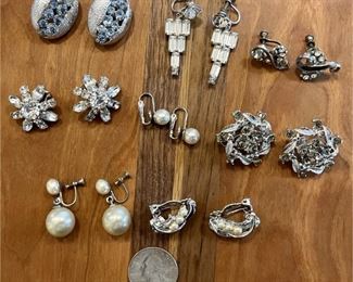 (8) Pairs Of Vintage Clip On & Screw Back Rhinestone Earrings Including Coro, Faux Pearls, Art Deco & More