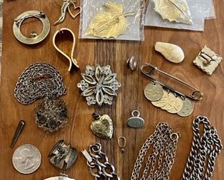 Lot Of Vintage Assorted Jewelry Including Necklaces, Pins, Locket, Silver Tone & Gold Tone Chains, Elk Tooth