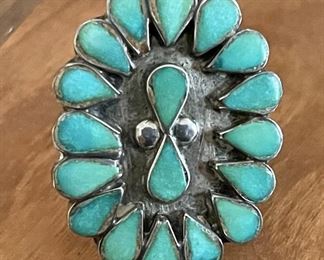 Sterling Silver And Turquoise Zuni Inlay Ring Size 6.5 And Weighs 6.8 Grams 