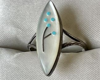 Ella Cowboy Native American Sterling Silver Signed Mother Of Pearl Inlay Zuni Ring 