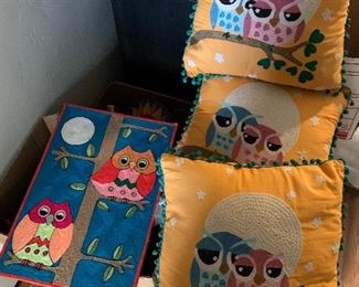 Vintage owl string wall art, owl pillows