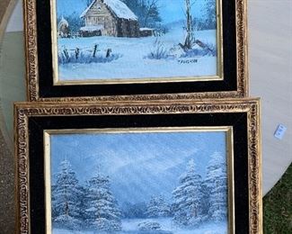 Pair of winter scene mid century paintings