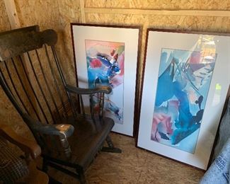 70’s wooden rocking chair, large watercolor style wall art