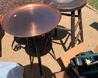 Copper side table, wooden bench