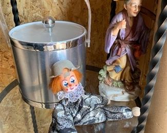 Vintage ice buckets, porcelain figures, clown doll
