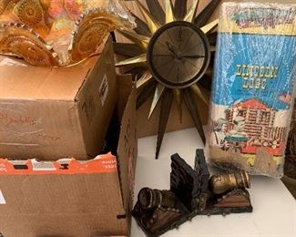 Vintage Lincoln Long set, Welby Starbust Clock, vintage shoe forms, carnival glass, mid century cannon bookends, bags
