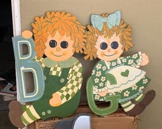 Vintage Raggedy Ann and Andy painted wood folk art