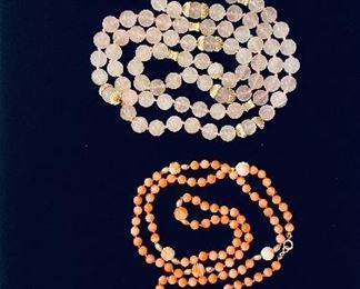 Pearl, pink quartz, coral, angle skin coral necklaces