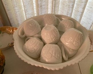 Milk glass punchbowl and cups