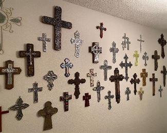 Large cross collection, pewter, wood, resin, ceramic