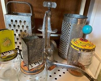 Vintage kitchen shredders, chopper, graters
