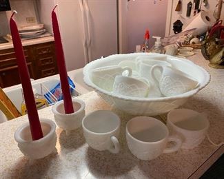 Milk glass punch bowl and cups
