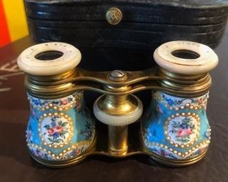 Antique Hand Painted Enamel Opera Glasses, Binoculars, Made In France, Circa 19th century, Belle Epoque