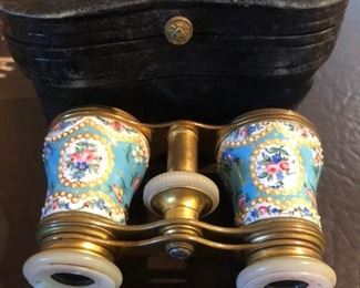 Antique Hand Painted Enamel Opera Glasses, Binoculars, Made In France, Circa 19th century, Belle Epoque