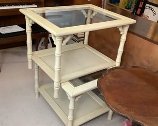 Two glass top tables, vintage with bamboo accents