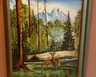 Oil painting deers in woodlands