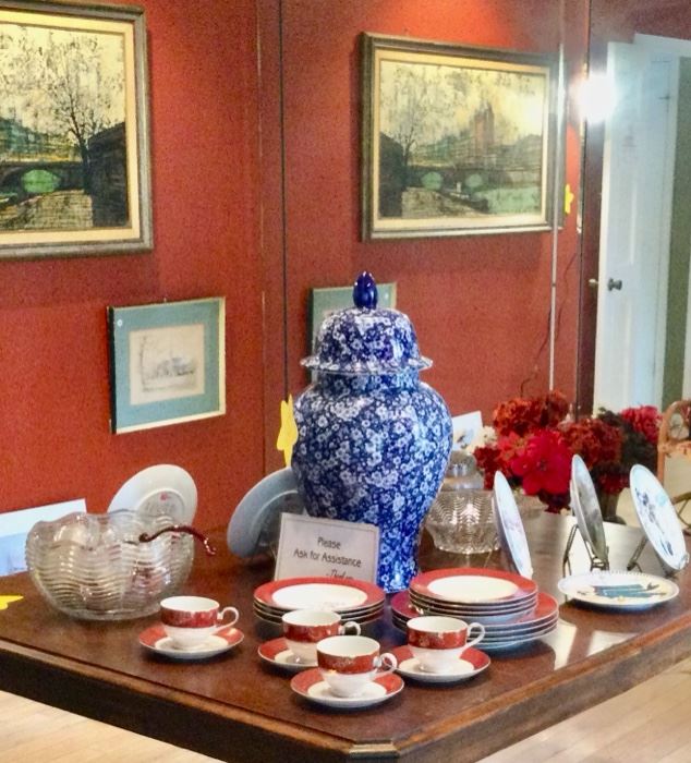 Mikassa  parchment pattern china service for Four.          Huge  Ginger Jar with blue and white cabinets