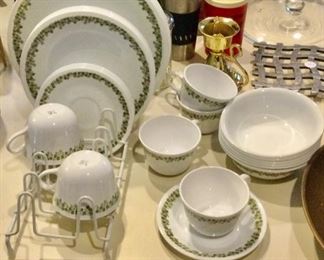 Green Corning dishes service for 6