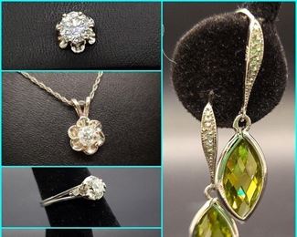 Top left: 3/4 carat mine cut diamond earring. If you have a setting in mind or may be picking out a special ring soon, this stone might be perfect for you. Second down: .39 carat diamond pendant in 14k white gold. Third down: see next.