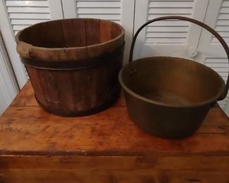 Wooden bucket; copper bucket w/handle