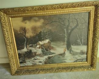 Beautiful gilt framed Victorian 41" x 31" antique oil on linen, winter landscape; appears to be unsigned.