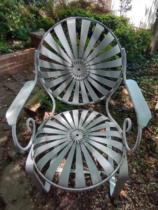 Set of 4 Francois Carre French Art Deco "Sunburst" Pinwheel Garden Side Chairs  (close up picture of 1 of set of 4)