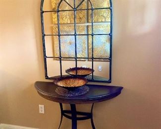 Accent table, mirror, half moon table, bowl, window 